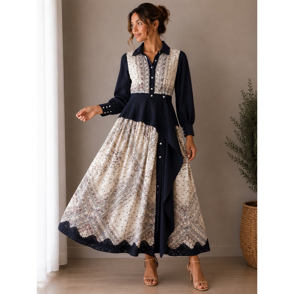 NNA ENJOY‎ Maxi Dress Small Boho Modest Navy Mixed Print Asymmetrical Peplum
